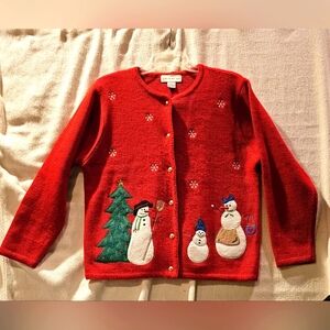 Women's S Red Ugly Christmas Sweater Croft & Barrow Snowman Tree Cardigan